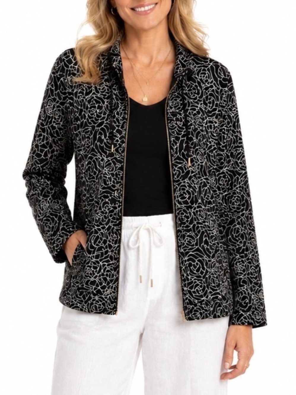 Black and White Floral Hoodie Full Zip Layering Jacket Sweatshirt Size Medium